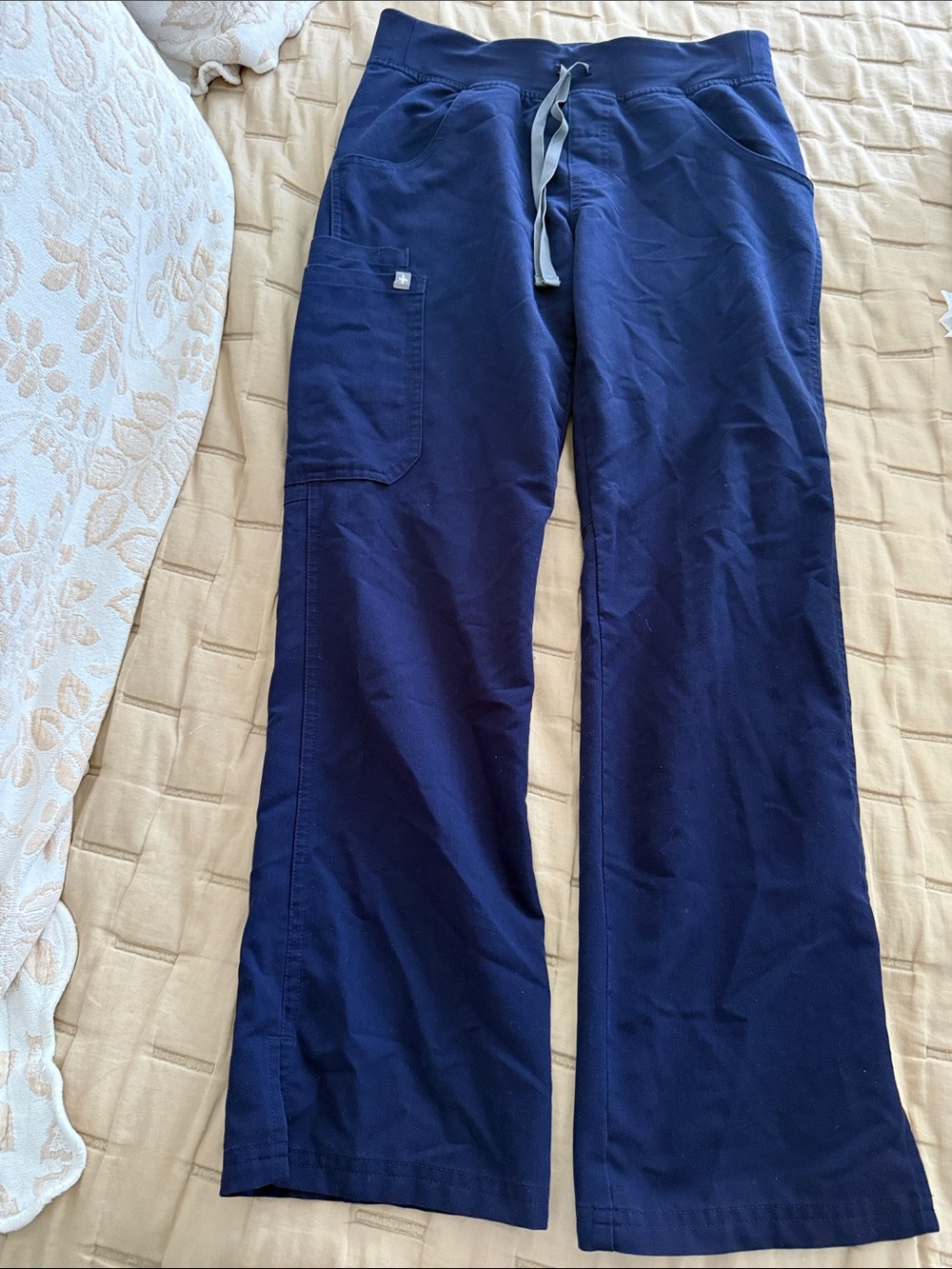 Figs  Navy Drawstring Cargo scrub pants  with Gray Tie